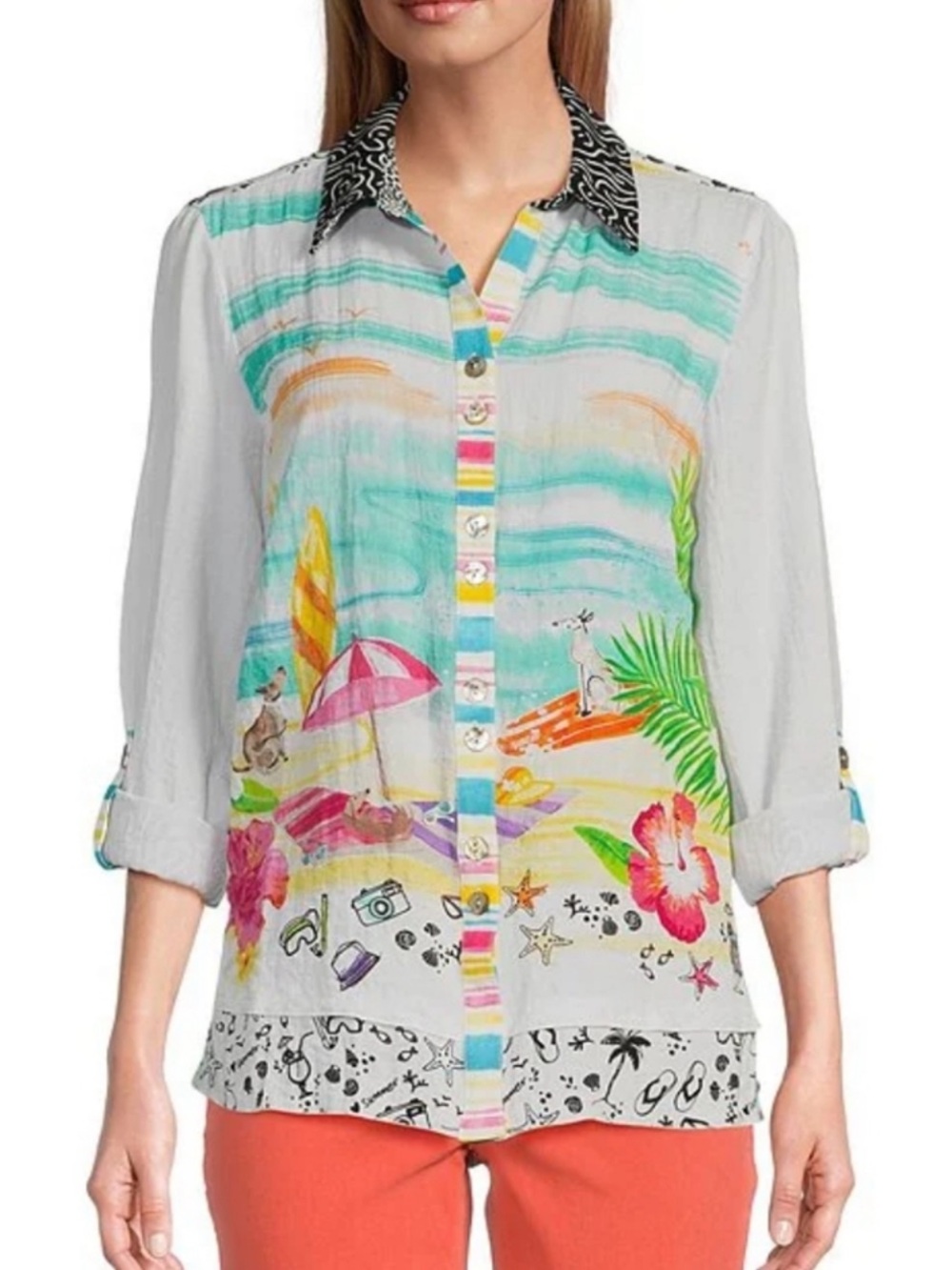 NWT John Mark Novelty Point Collar Button Front Long Roll-Tab Sleeve Tunic Sz M